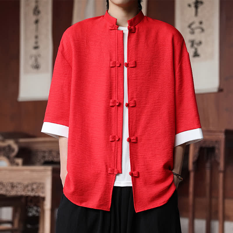 Buddha Stones 夏物 唐風 マンダリンカラー フロッグボタン 無地 メンズ 肘丈袖シャツ - クリムゾン - US/UK/AU46、 EU56 (5XL) - image 22