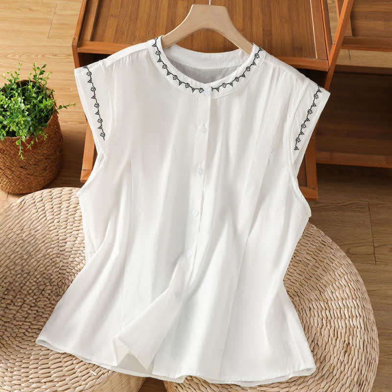 Buddha Stones 夏用ボタンアップ無地クルーネックノースリーブレディースシャツ - 白 - US8-10，UK/AU12-14，EU40-42 (2XL) - image 12