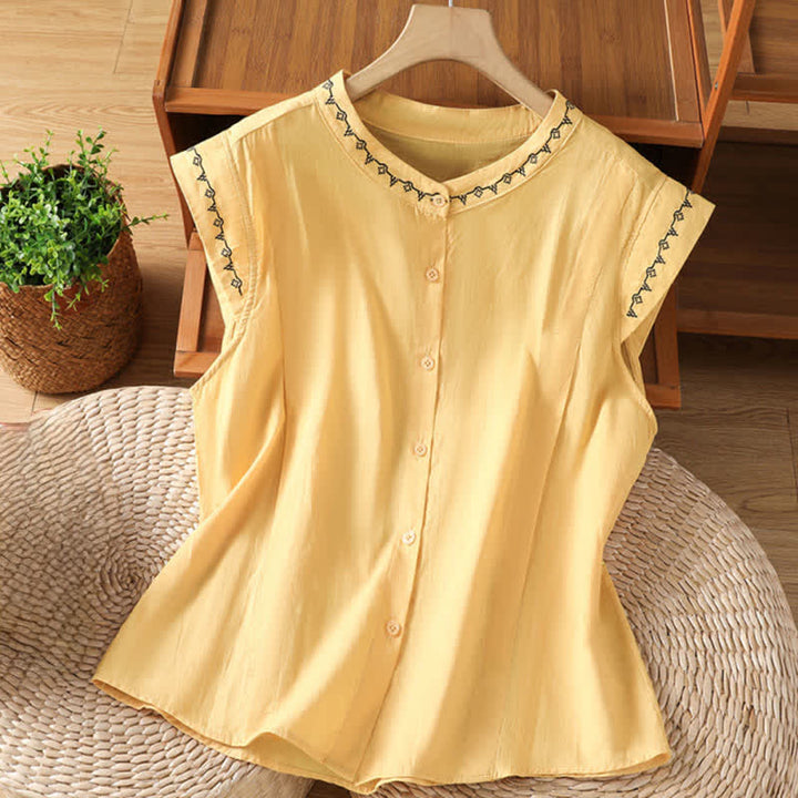 Buddha Stones 夏用ボタンアップ無地クルーネックノースリーブレディースシャツ - カーキ - US8-10，UK/AU12-14，EU40-42 (2XL) - image 0