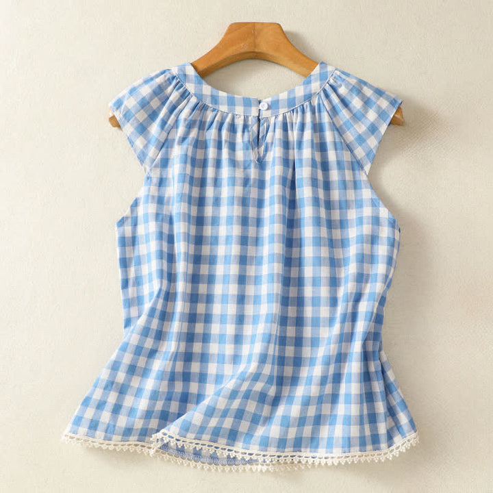 Buddha Stones 夏用プリーツヨークギンガムチェックレディースノースリーブTシャツタンクトップ - image 1