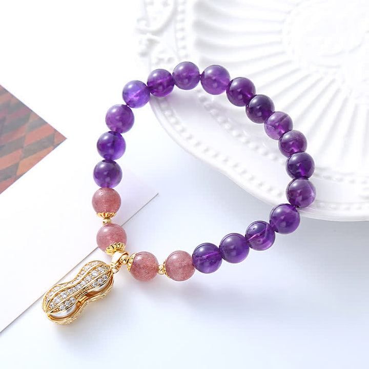 Buddha Stones 天然アメジスト、ストロベリークォーツ、ピーナッツ、良いことが起こる幸運を呼ぶブレスレット - image 2