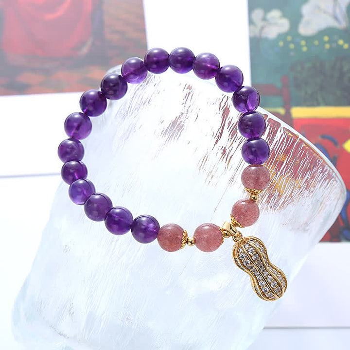 Buddha Stones 天然アメジスト、ストロベリークォーツ、ピーナッツ、良いことが起こる幸運を呼ぶブレスレット - image 3