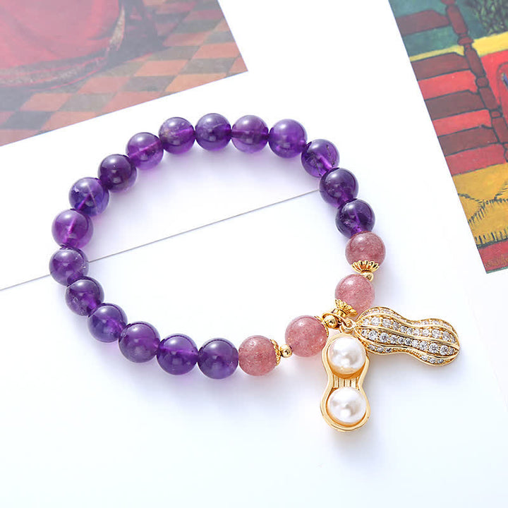 Buddha Stones 天然アメジスト、ストロベリークォーツ、ピーナッツ、良いことが起こる幸運を呼ぶブレスレット - アメジスト（手首周り15～16cm） - image 0