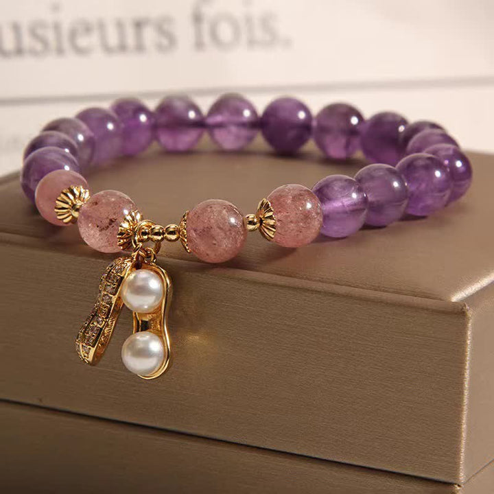 Buddha Stones 天然アメジスト、ストロベリークォーツ、ピーナッツ、良いことが起こる幸運を呼ぶブレスレット - image 5