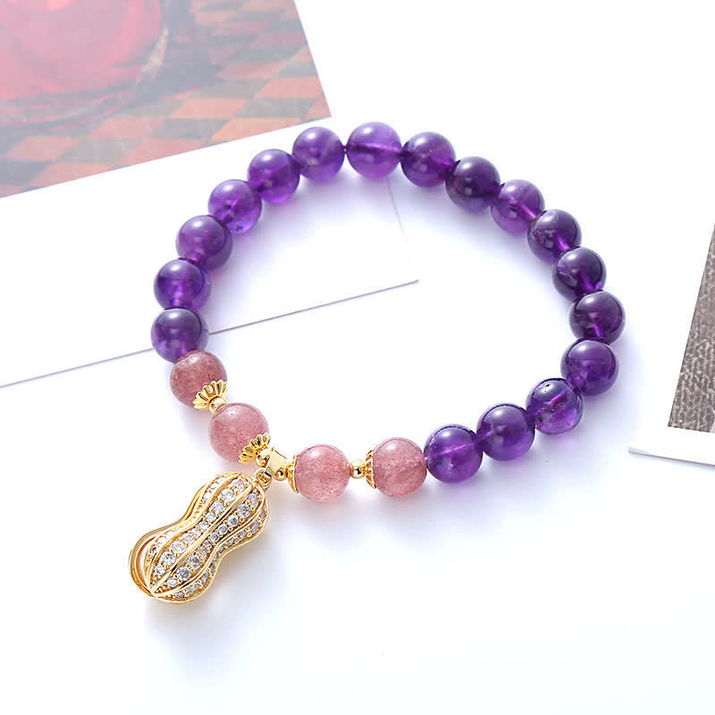 Buddha Stones 天然アメジスト、ストロベリークォーツ、ピーナッツ、良いことが起こる幸運を呼ぶブレスレット - image 1