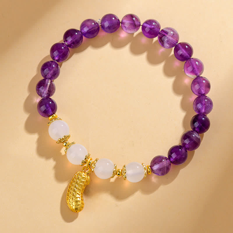 Buddha Stones 天然アメジスト、ホワイトアゲート、ピーナッツ、良いことが起こるスピリチュアルブレスレット - image 1