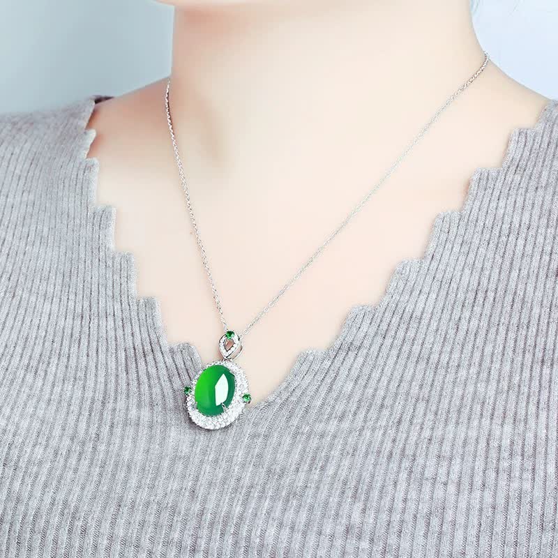 Buddha Stones オーバルデザインのグリーンアゲート銅製幸運ネックレスペンダント - image 2