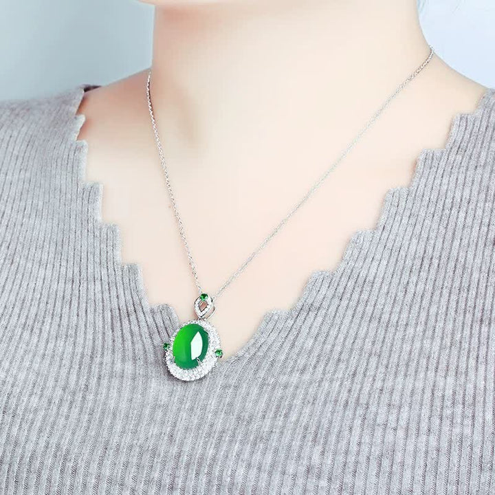 Buddha Stones オーバルデザインのグリーンアゲート銅製幸運ネックレスペンダント - image 2