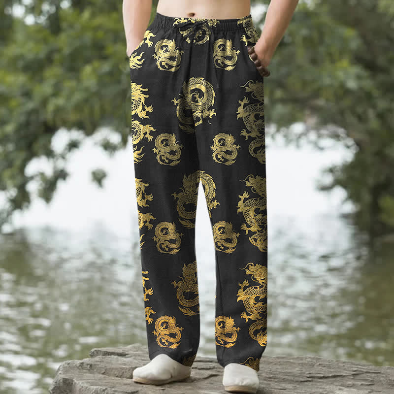 Buddha Stones 綿素材、金龍柄、メンズテーパードパンツ（ポケット付き） - 黒 - US/UK/AU50、EU60（5XL） - image 0