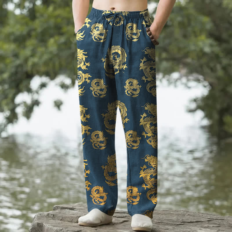 Buddha Stones 綿素材、金龍柄、メンズテーパードパンツ（ポケット付き） - スチールブルー - US/UK/AU50、EU60（5XL） - image 4