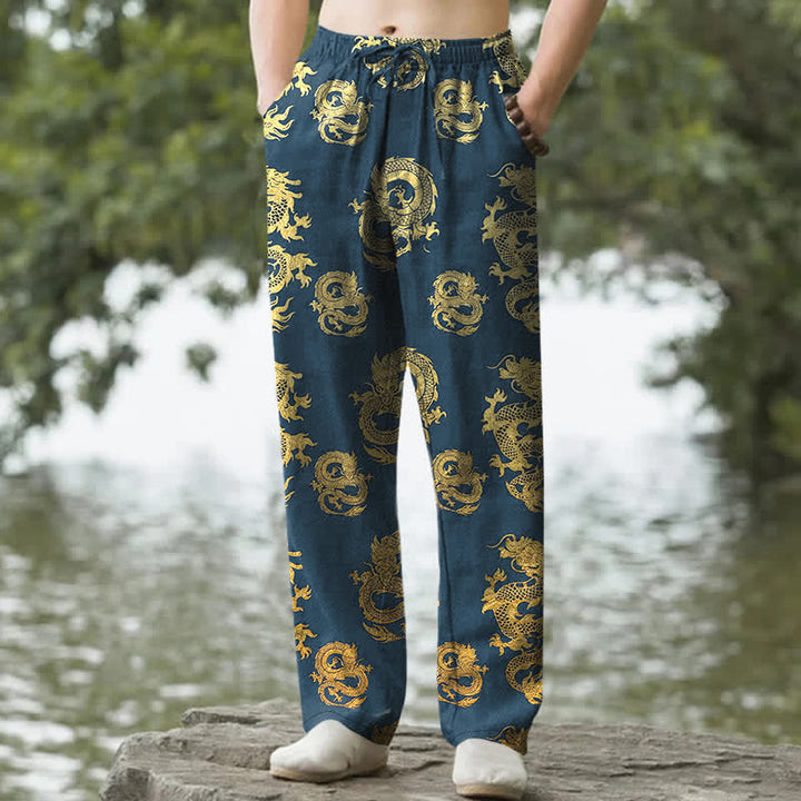 Buddha Stones 綿素材、金龍柄、メンズテーパードパンツ（ポケット付き） - スチールブルー - US/UK/AU50、EU60（5XL） - image 4
