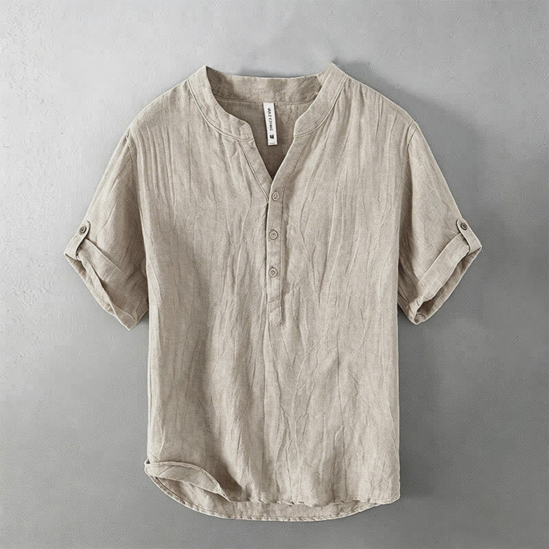 Buddha Stones 夏用ハーフボタンロールスリーブデザインコットンリネンメンズ半袖シャツ - リネン - US/UK/AU46、 EU56 (3XL) - image 7