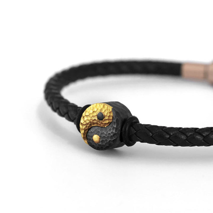 Buddha Stones 925スターリングシルバー 999ゴールド陰陽八卦シンボル バランス レザーブレスレット - image 8
