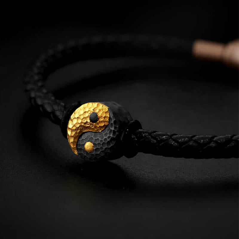 Buddha Stones 925スターリングシルバー 999ゴールド陰陽八卦シンボル バランス レザーブレスレット - image 1