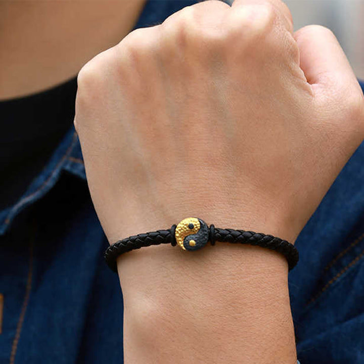 Buddha Stones 925スターリングシルバー 999ゴールド陰陽八卦シンボル バランス レザーブレスレット - image 10