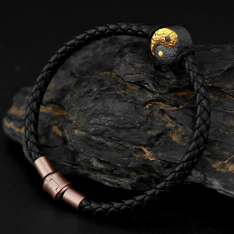 Buddha Stones 925スターリングシルバー 999ゴールド陰陽八卦シンボル バランス レザーブレスレット - image 2