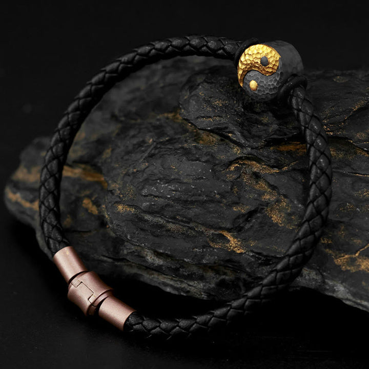 Buddha Stones 925スターリングシルバー 999ゴールド陰陽八卦シンボル バランス レザーブレスレット - image 2