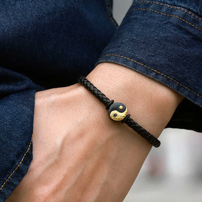 Buddha Stones 925スターリングシルバー 999ゴールド陰陽八卦シンボル バランス レザーブレスレット - image 3