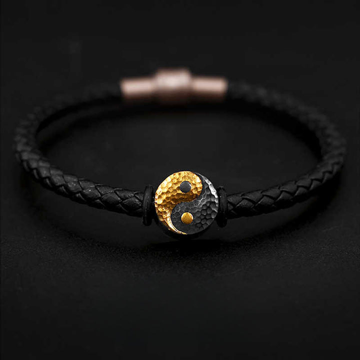 Buddha Stones 925スターリングシルバー 999ゴールド陰陽八卦シンボル バランス レザーブレスレット - 20cm - image 0