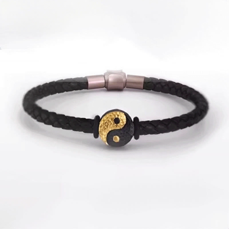 Buddha Stones 925スターリングシルバー 999ゴールド陰陽八卦シンボル バランス レザーブレスレット - image 12