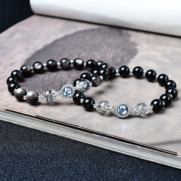 Buddha Stones ブラックオブシディアン シルバーシーン オブシディアン ジルコン 浄化ブレスレット - image 6