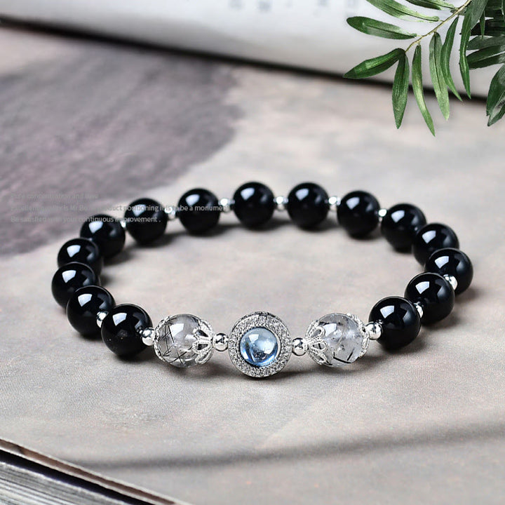 Buddha Stones ブラックオブシディアン シルバーシーン オブシディアン ジルコン 浄化ブレスレット - 黒曜石 - 8mm（手首周り：15～16cm） - image 0