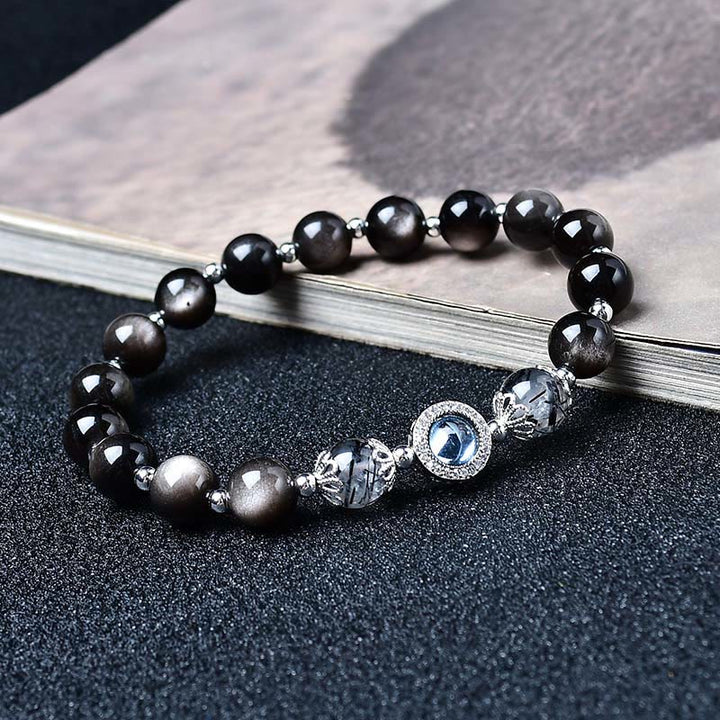 Buddha Stones ブラックオブシディアン シルバーシーン オブシディアン ジルコン 浄化ブレスレット - シルバーシーンオブシディアン - 8mm（手首周り：15～16cm） - image 4