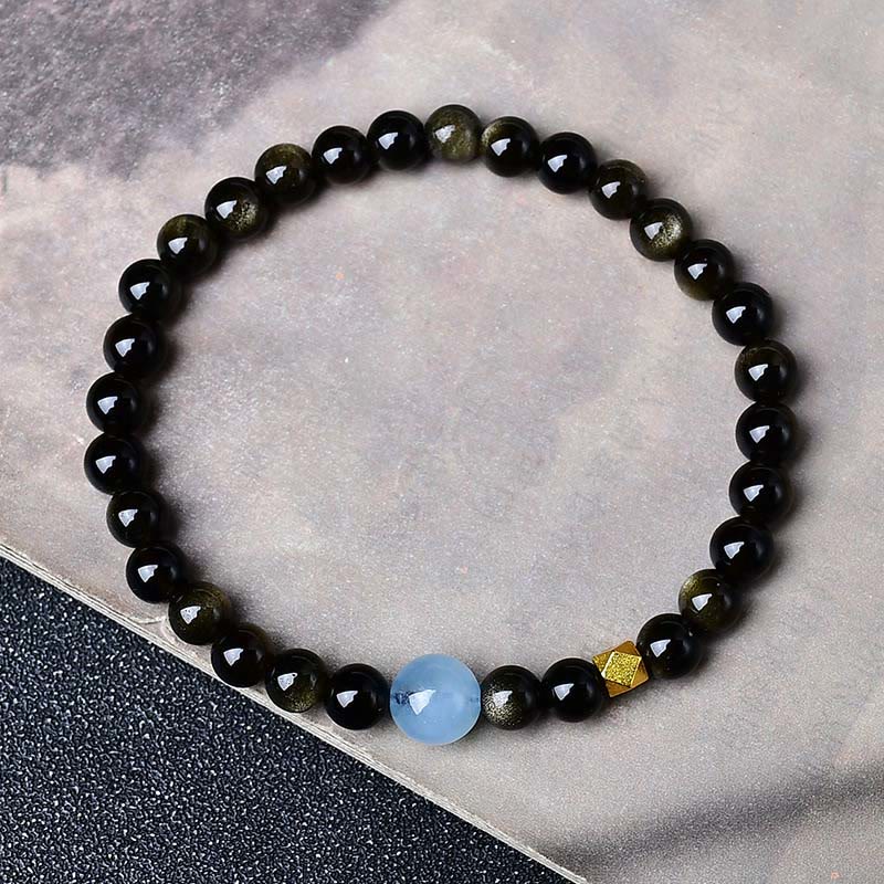 Buddha Stones 天然ゴールドの輝きを放つ黒曜石ビーズの守護ブレスレット - ゴールドシーンオブシディアン - 10mm（手首周り：16～17cm） - image 1