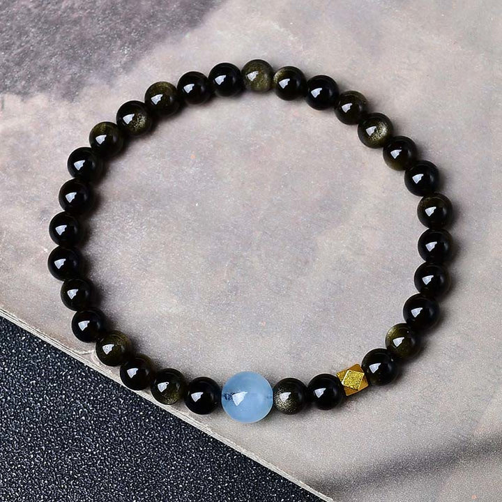 Buddha Stones 天然ゴールドの輝きを放つ黒曜石ビーズの守護ブレスレット - ゴールドシーンオブシディアン - 10mm（手首周り：16～17cm） - image 1