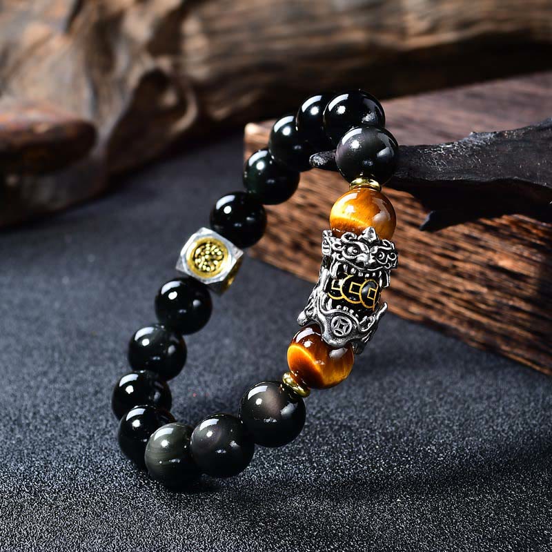 Buddha Stones 天然黒曜石貔貅タイガーアイ変身ブレスレット - 14mm（手首周り：18～19cm） - image 0