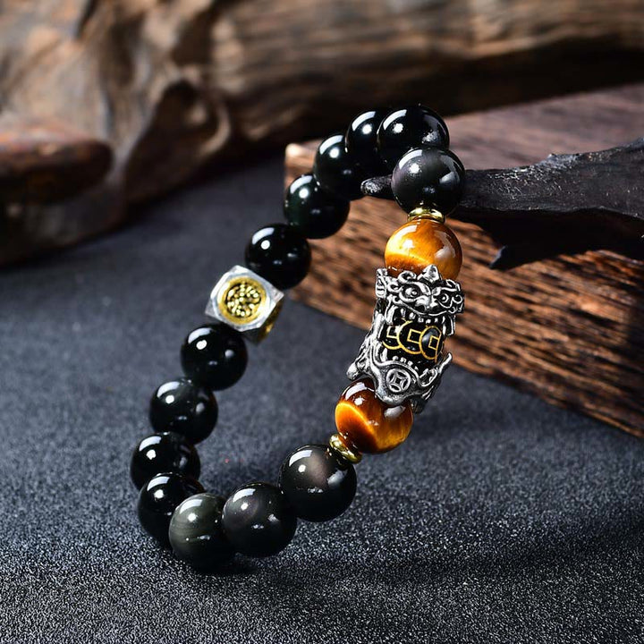 Buddha Stones 天然黒曜石貔貅タイガーアイ変身ブレスレット - 14mm（手首周り：18～19cm） - image 0