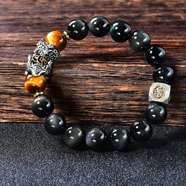 Buddha Stones 天然黒曜石貔貅タイガーアイ変身ブレスレット - image 1