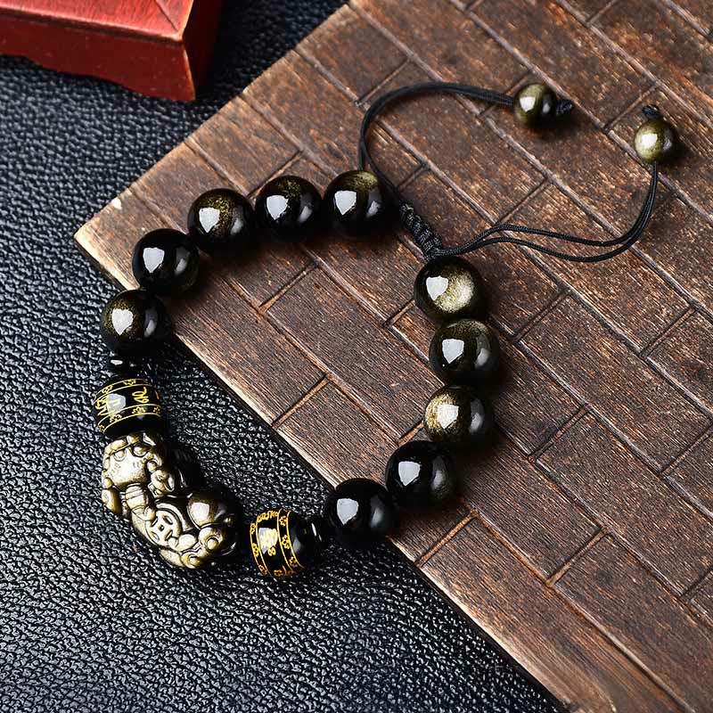 Buddha Stones 天然ゴールドの輝きを放つ黒曜石の貔貅（ひきゅう）オーム・マニ・パドメ・フム保護ロープブレスレット - 14mm（手首周り：18～19cm） - image 10