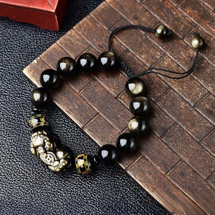 Buddha Stones 天然ゴールドの輝きを放つ黒曜石の貔貅（ひきゅう）オーム・マニ・パドメ・フム保護ロープブレスレット - 14mm（手首周り：18～19cm） - image 10