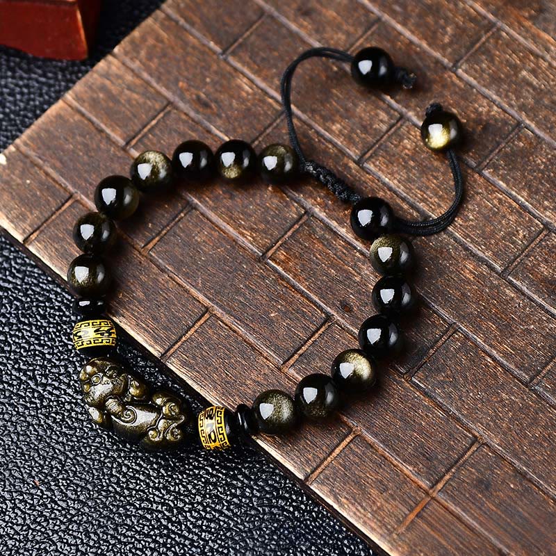 Buddha Stones 天然ゴールドの輝きを放つ黒曜石の貔貅（ひきゅう）オーム・マニ・パドメ・フム保護ロープブレスレット - image 2