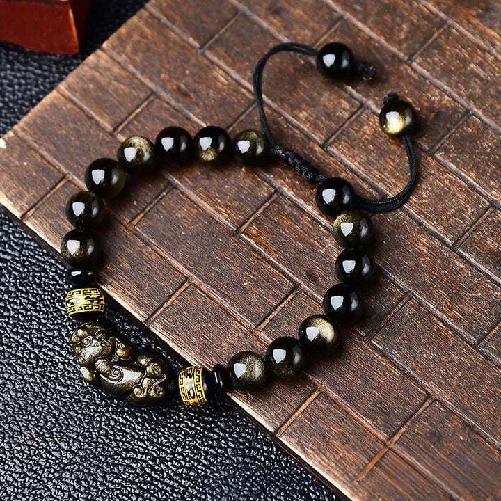 Buddha Stones 天然ゴールドの輝きを放つ黒曜石の貔貅（ひきゅう）オーム・マニ・パドメ・フム保護ロープブレスレット - image 2