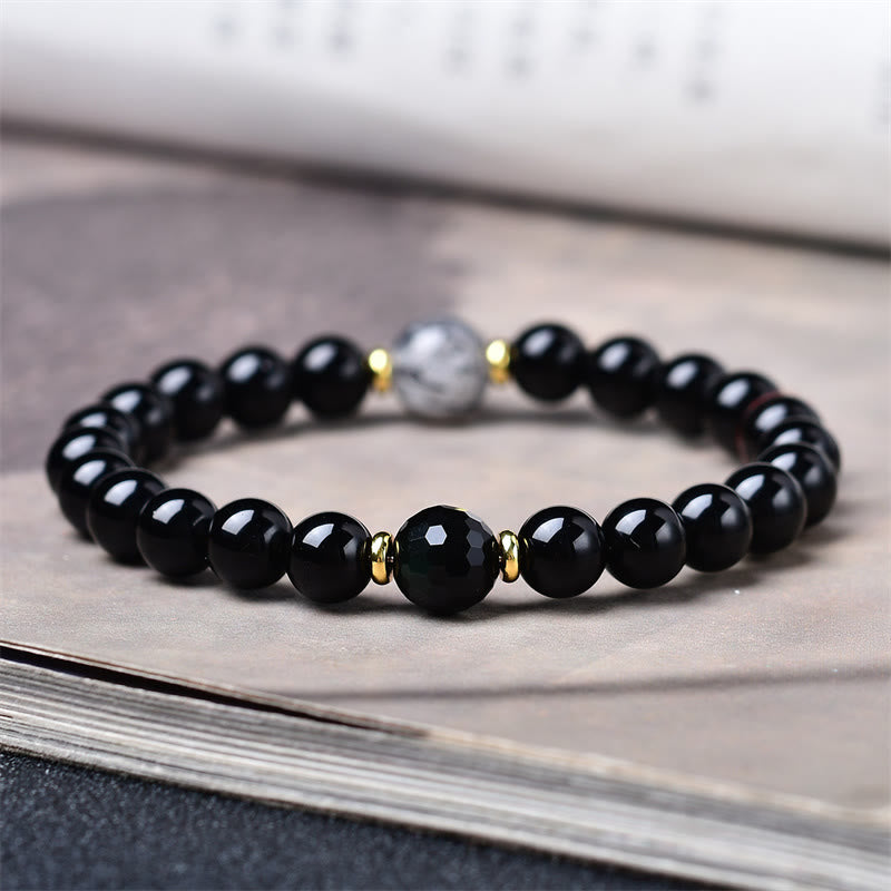 Buddha Stones 天然ブラックオブシディアンとブラックルチルクォーツの浄化ブレスレット - image 4