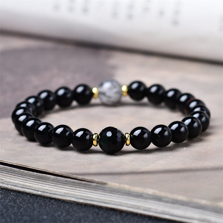 Buddha Stones 天然ブラックオブシディアンとブラックルチルクォーツの浄化ブレスレット - image 4