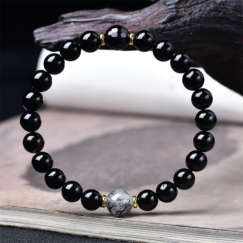 Buddha Stones 天然ブラックオブシディアンとブラックルチルクォーツの浄化ブレスレット - image 2