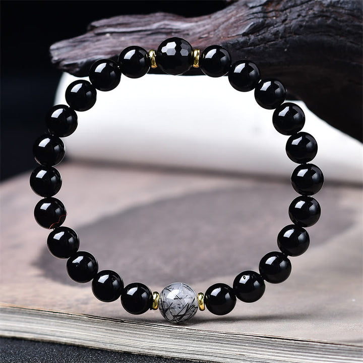 Buddha Stones 天然ブラックオブシディアンとブラックルチルクォーツの浄化ブレスレット - image 2