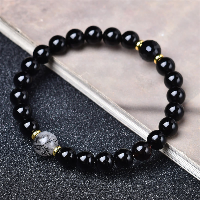 Buddha Stones 天然ブラックオブシディアンとブラックルチルクォーツの浄化ブレスレット - image 1