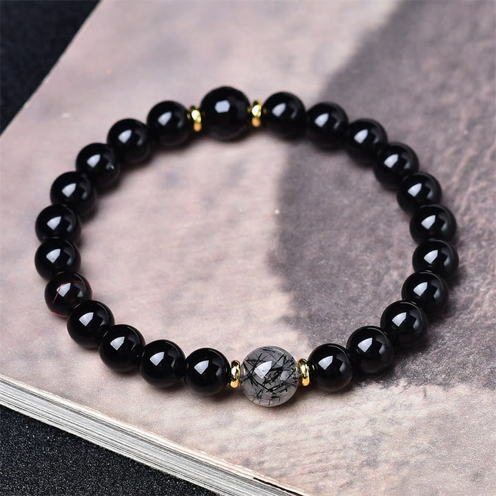 Buddha Stones 天然ブラックオブシディアンとブラックルチルクォーツの浄化ブレスレット - image 3
