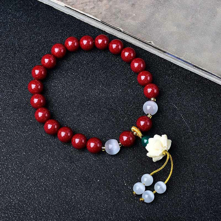 Buddha Stones 天然辰砂キャッツアイアイボリーフルーツロータスチャーム良縁祈願ブレスレット - image 3