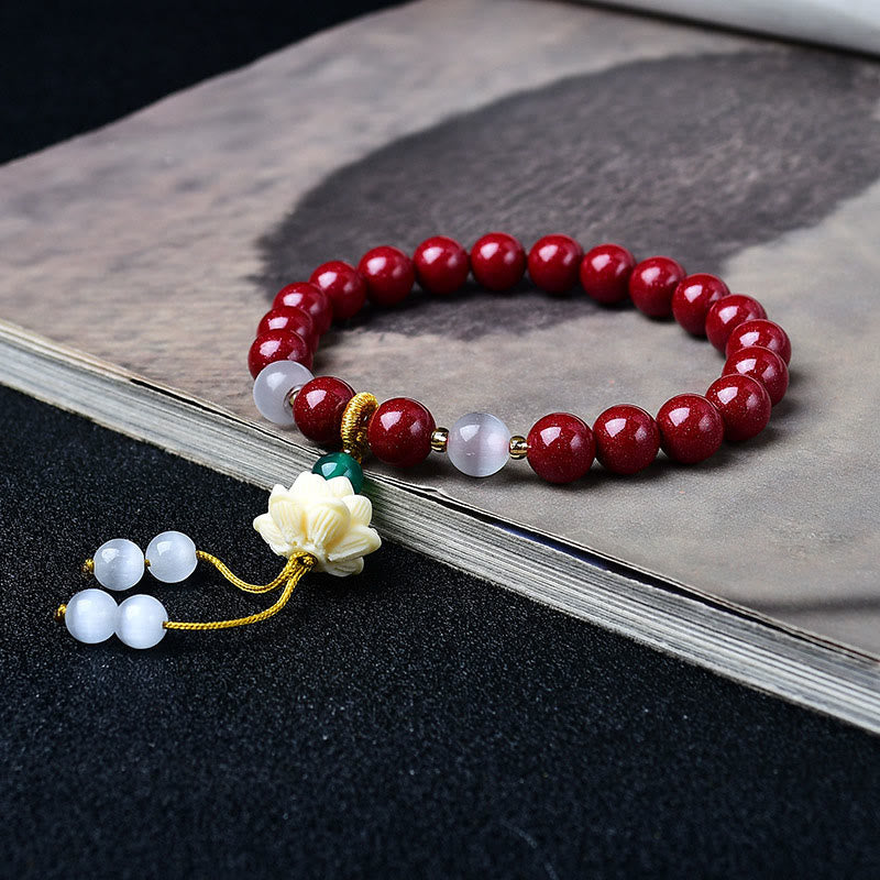 Buddha Stones 天然辰砂キャッツアイアイボリーフルーツロータスチャーム良縁祈願ブレスレット - image 2