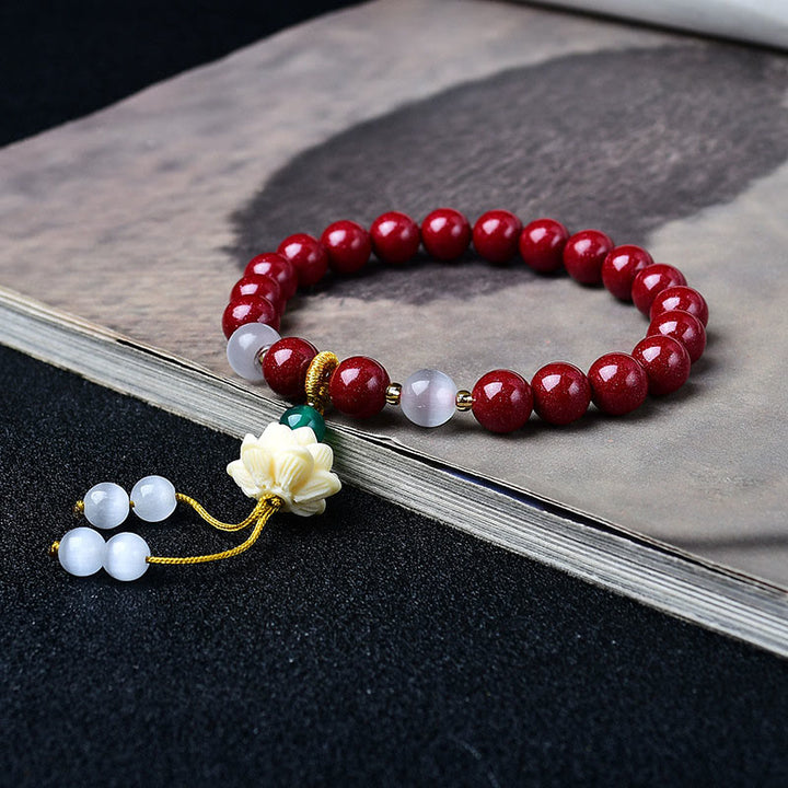 Buddha Stones 天然辰砂キャッツアイアイボリーフルーツロータスチャーム良縁祈願ブレスレット - image 2