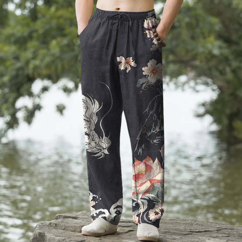 Buddha Stones 綿素材、東洋風龍蓮柄、メンズテーパードパンツ（ポケット付き） - 黒 - US/UK/AU50、EU60（5XL） - image 0
