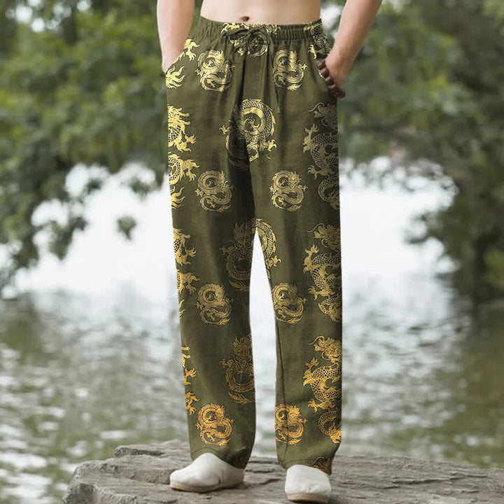 Buddha Stones 綿素材、金龍柄、メンズテーパードパンツ（ポケット付き） - 黄緑 - US/UK/AU50、EU60（5XL） - image 6