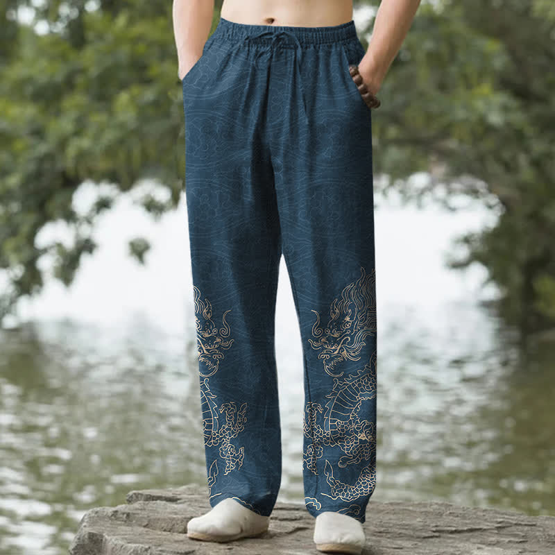 Buddha Stones 綿素材、金龍雲柄、メンズテーパードパンツ（ポケット付き） - スチールブルー - US/UK/AU50、EU60（5XL） - image 6