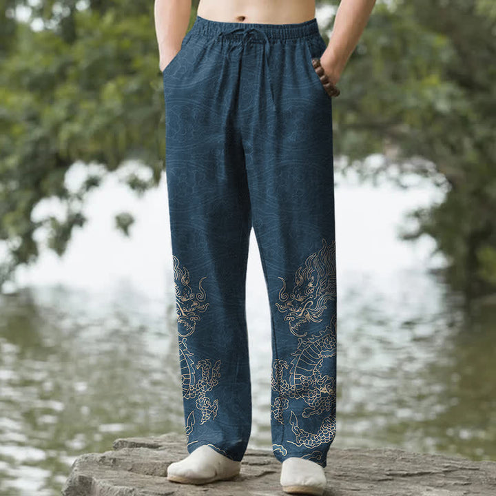 Buddha Stones 綿素材、金龍雲柄、メンズテーパードパンツ（ポケット付き） - スチールブルー - US/UK/AU50、EU60（5XL） - image 6