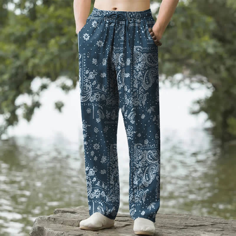 Buddha Stones コットンカシューフラワーペイズリー柄メンズテーパードパンツ（ポケット付き） - 海軍 - US/UK/AU50、EU60（5XL） - image 4